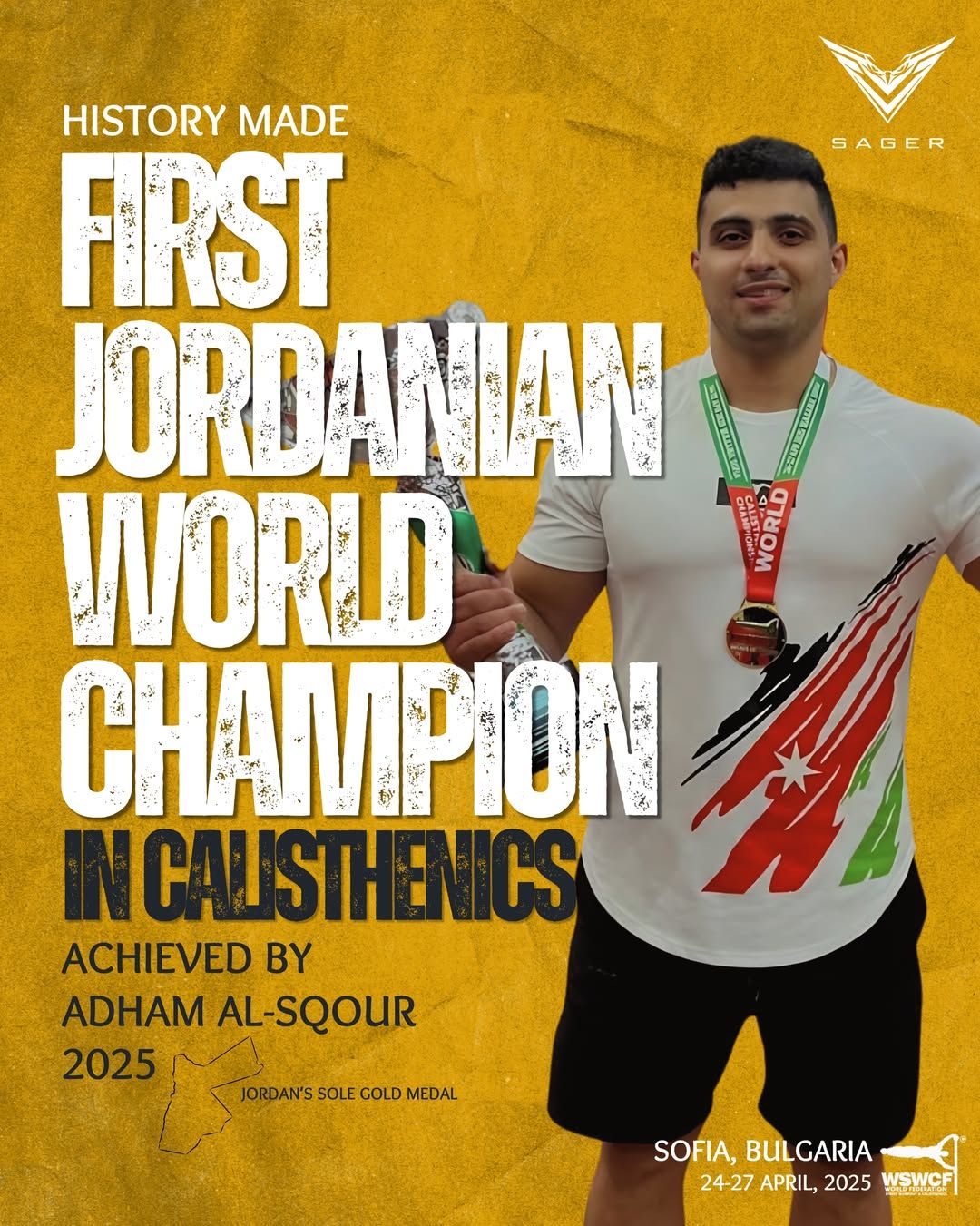 Adham Al-Sqour with his gold medal: the first Jordanian world champion in calisthenics, WSWCF World Championship, Sofia 2025