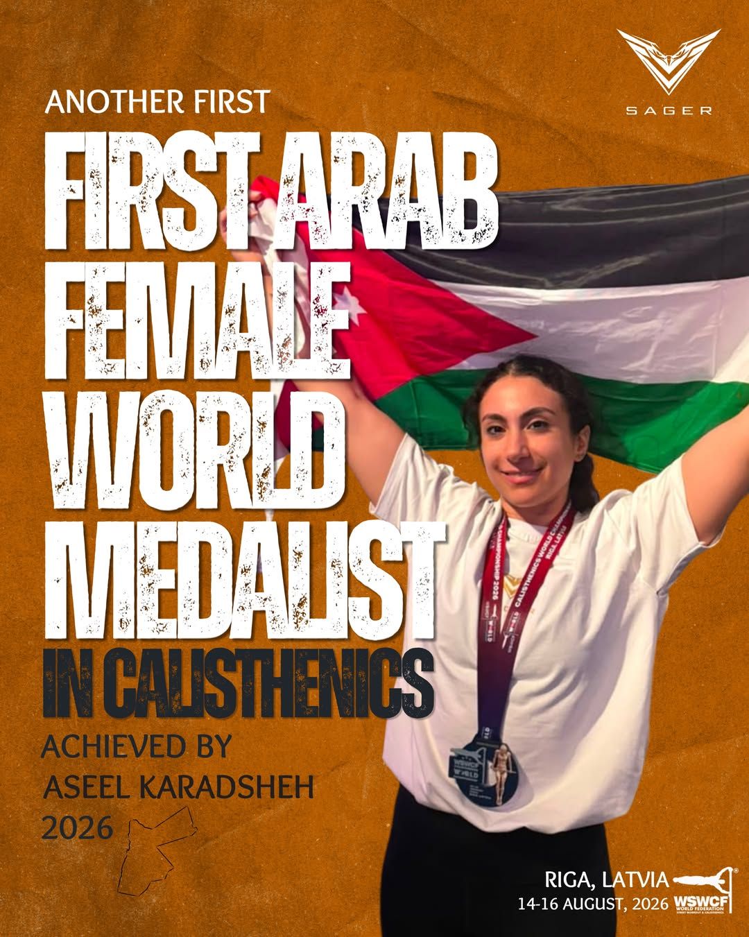 Aseel Karadsheh holding the Jordanian flag with her medal: the first Arab woman to win a world medal in calisthenics, WSWCF World Championship, Riga 2026